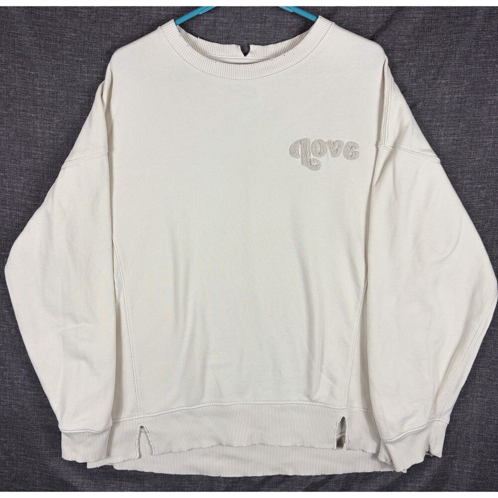 Aerie L/S Distressed Oversized “Love” Cotton Crewneck Sweatshirt White Women’s S